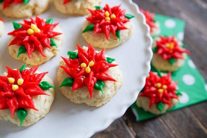 Sour Cream Pound Cake Poinsettia Cookies decorated with store-bought icing!