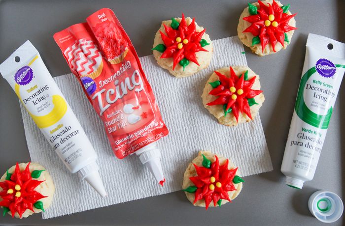 Sour Cream Pound Cake Poinsettia Cookies decorated with store-bought icing!