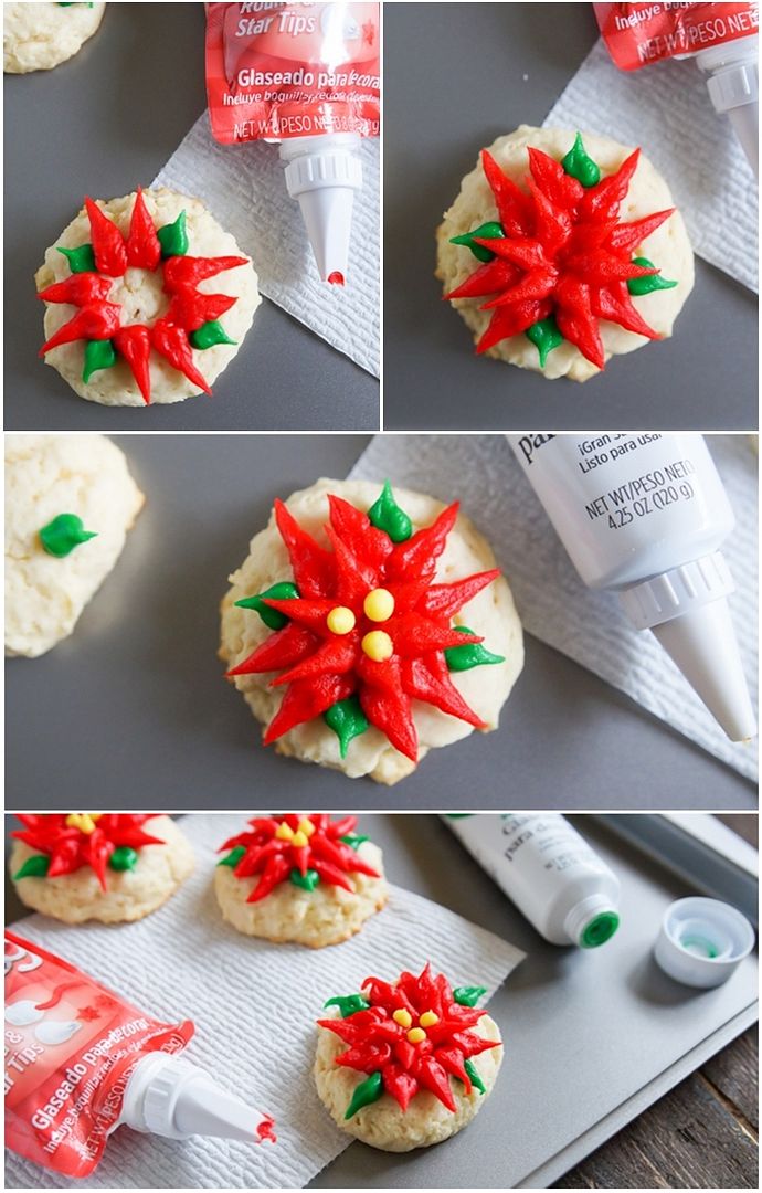 Sour Cream Pound Cake Poinsettia Cookies decorated with store-bought icing! | bakeat350.blogspot.com