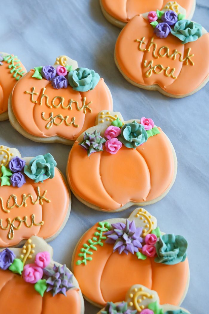 how to make decorated pumpkin cookies with royal icing succulents and roses