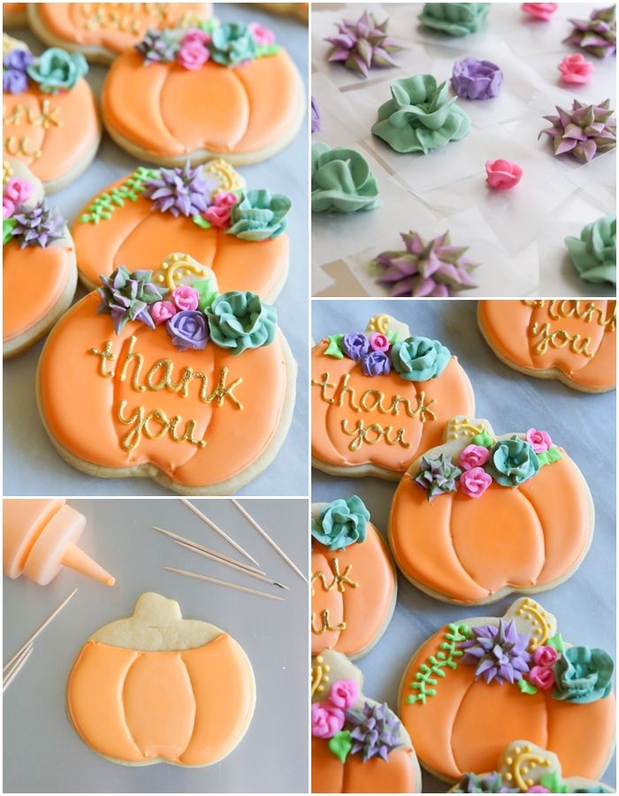 decorated pumpkin cookies with royal icing succulents and roses | bakeat350.blogspot.com