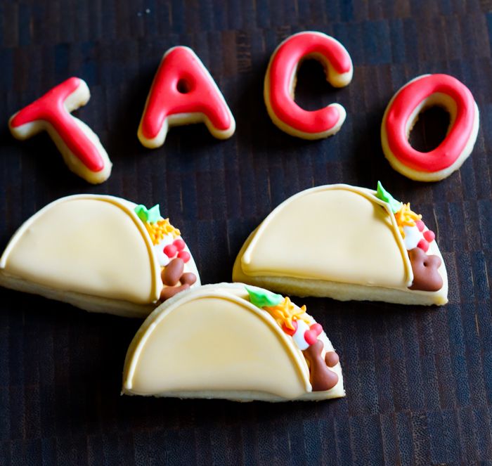 decorated tacos and taco belle cookies : fun cookie tutorial from bakeat350.blogspot.com