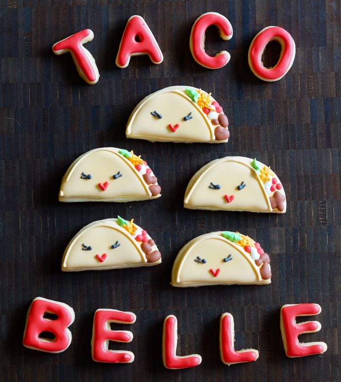 decorated tacos and taco belle cookies : fun cookie tutorial from bakeat350.blogspot.com