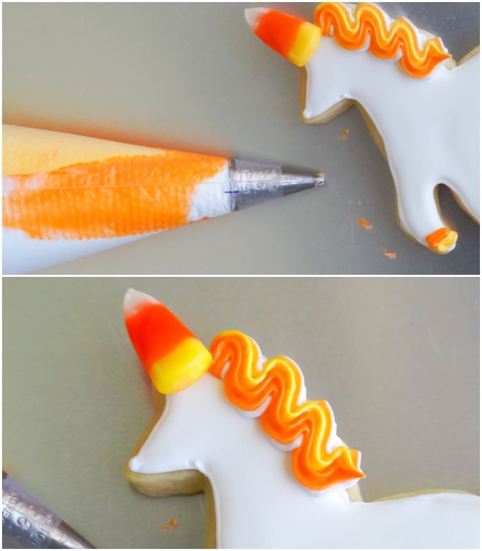 How to make UNI-candy-CORN cookies! Unicorn decorated cookies for dressed up for Halloween! | bakeat350.blogspot.com
