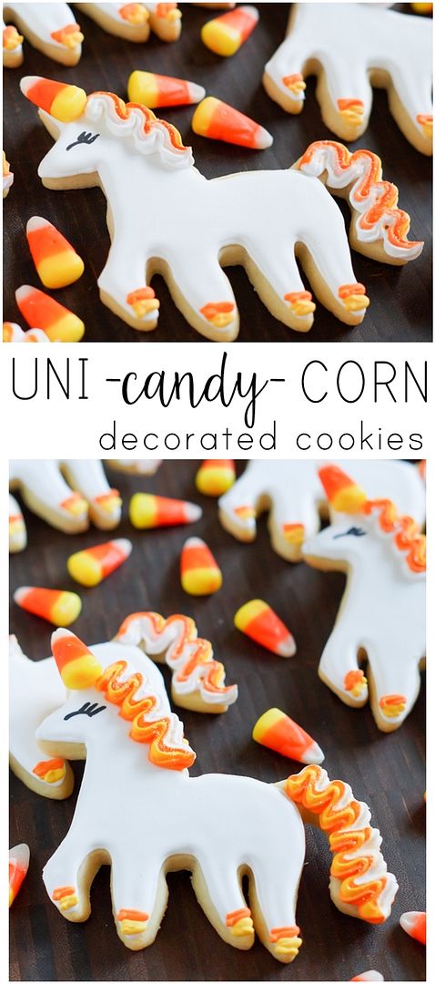 How to make UNI-candy-CORN cookies! Unicorn decorated cookies for dressed up for Halloween! | bakeat350.blogspot.com