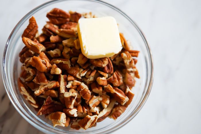 bourbon banana bread with buttered pecans
