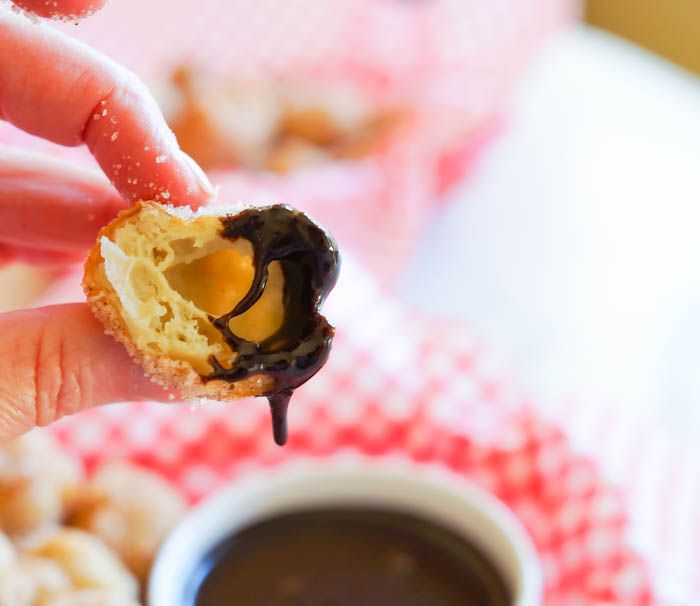 Churros Bites recipe...with spiced chocolate fudge sauce | bakeat350.net