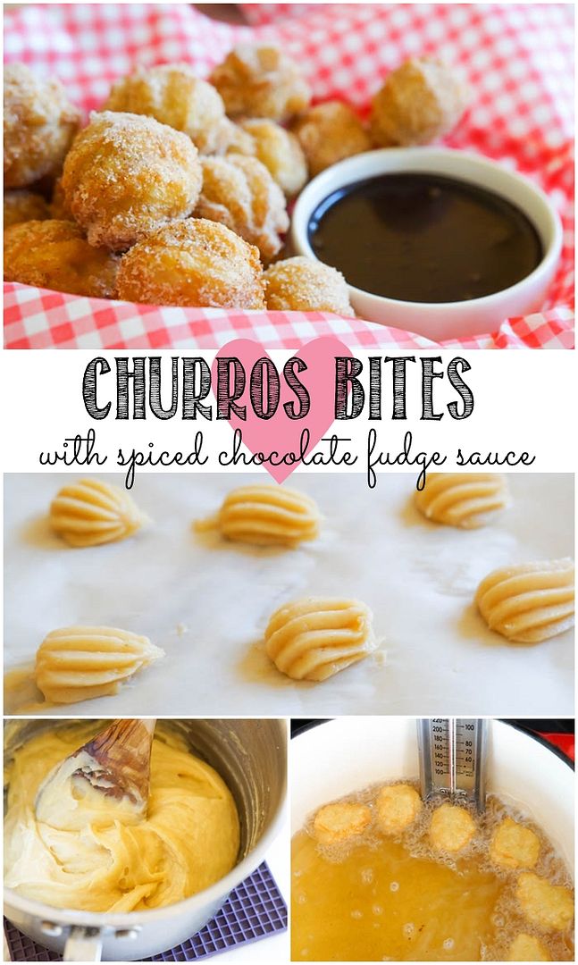 Churros Bites recipe...with spiced chocolate fudge sauce | bakeat350.net