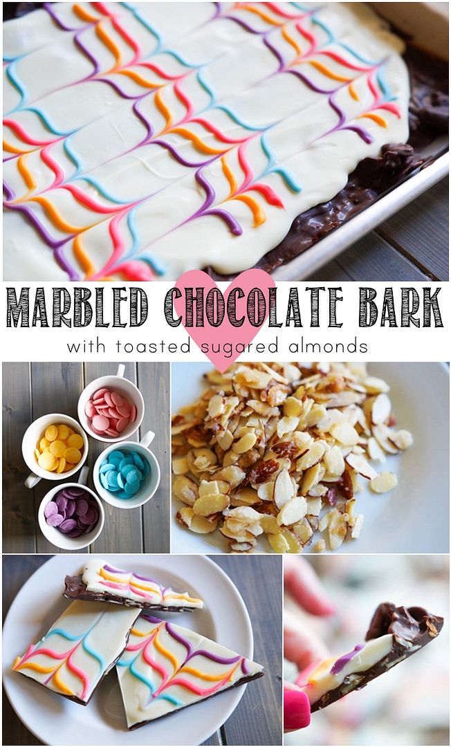 Marbled Chocolate Bark...for Easter or any occasion. The best bark ever, made with toasted, sugared almonds! | from bakeat350.blogspot.com