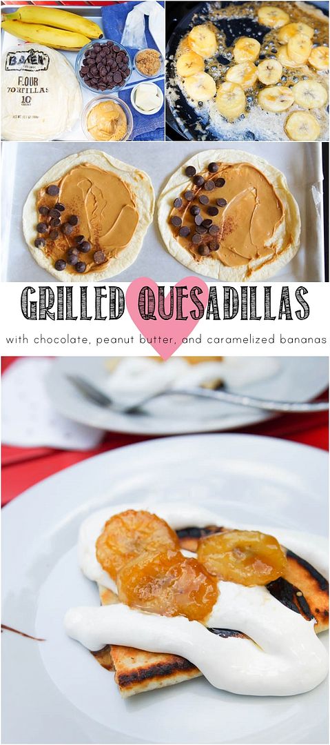 Grilled Peanut Butter and Chocolate Quesadillas with Caramelized Bananas | bakeat350.blogspot.com
