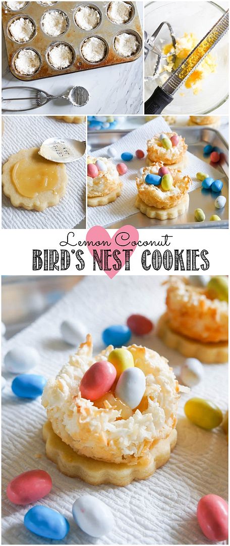 Lemon Coconut Bird's Nest Cookies...a coconut macaroon nest atop a buttery lemon cookie with lemon curd and chocolate eggs. | from bakeat350.blogspot.com