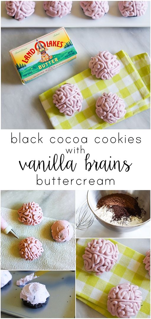 Black Cocoa Cookies with Vanilla Brains Buttercream ... creepy and cute cookies for Halloween!