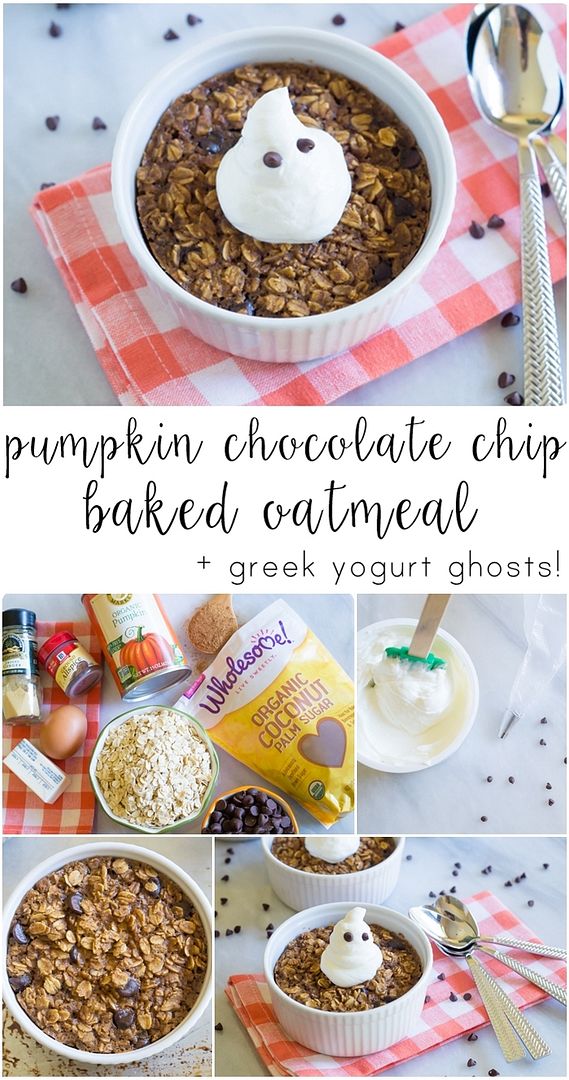 baked spiced pumpkin chocolate chip oatmeal sweetened with coconut sugar and topped with greek yogurt ghosts