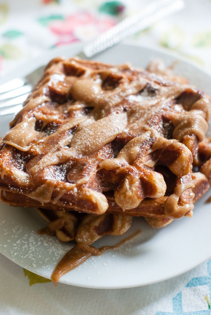 cinnamon sugar waffles with cinnamon peanut butter maple drizzle 