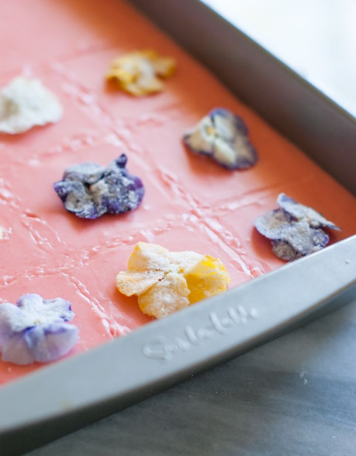 Sugar Cookie Bars with Strawberry Glaze and Sugared Flowers