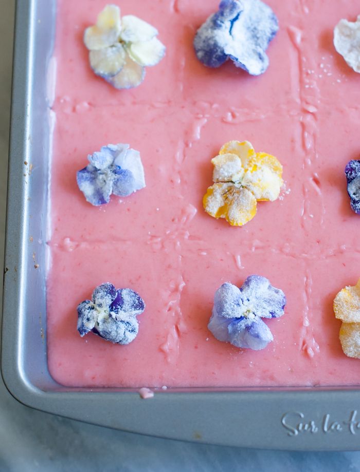 Sugar Cookie Bars with Strawberry Glaze and Sugared Flowers