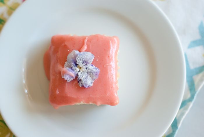 Sugar Cookie Bars with Strawberry Glaze and Sugared Flowers