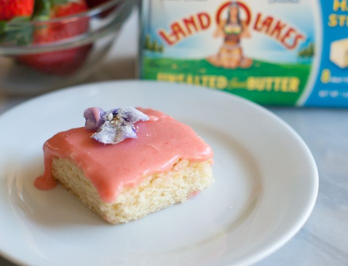 Sugar Cookie Bars with Strawberry Glaze and Sugared Flowers