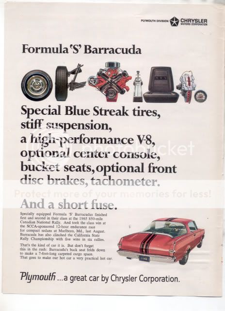 1966 1967 PLYMOUTH BARRACUDA FORMULA S VINTAGE CAR AD  